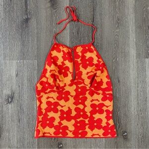Madden NYC Size XLarge Womens Halter Top Red Floral Blouse Sleeveless Open Back